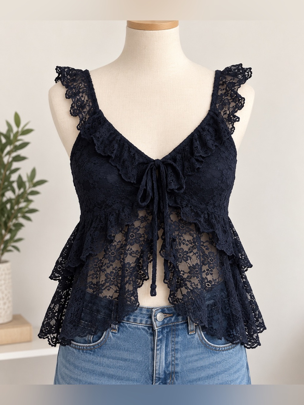 Old navy- Lace Ruffle Tie-Front Tank Top - Navy-Large